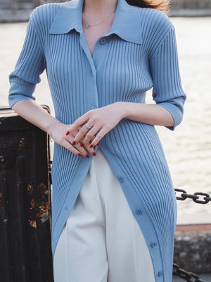 Button-up Mid Sleeve Polo Neck Knitted Dress