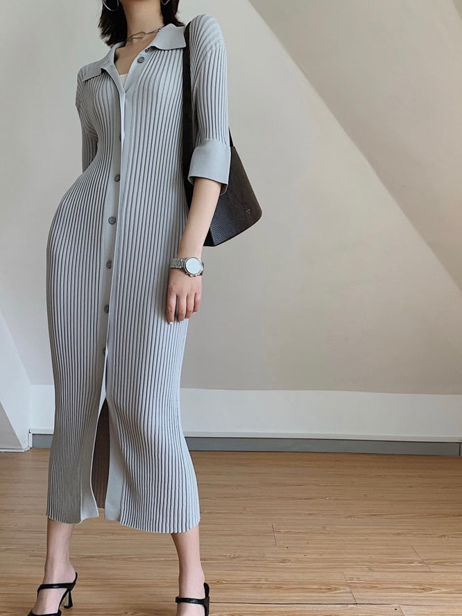 Button-up Mid Sleeve Polo Neck Knitted Dress