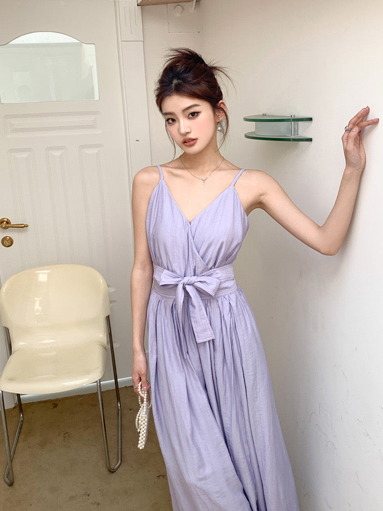 Back Zipper Self Belt Bowknot Cami Dress