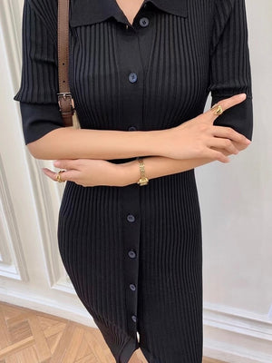 Button-up Mid Sleeve Polo Neck Knitted Dress