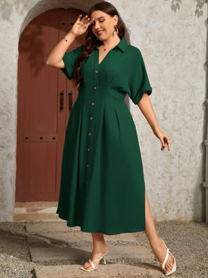 Button-up Fold-up Sleeve Pleated Waist Plus Size Polo Dress