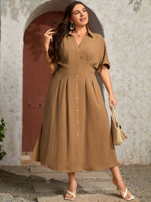 Button-up Fold-up Sleeve Pleated Waist Plus Size Polo Dress