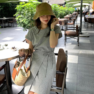 Double Layer Self Belt Fold-up Sleeve Solid Dress