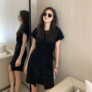 Double Layer Self Belt Fold-up Sleeve Solid Dress