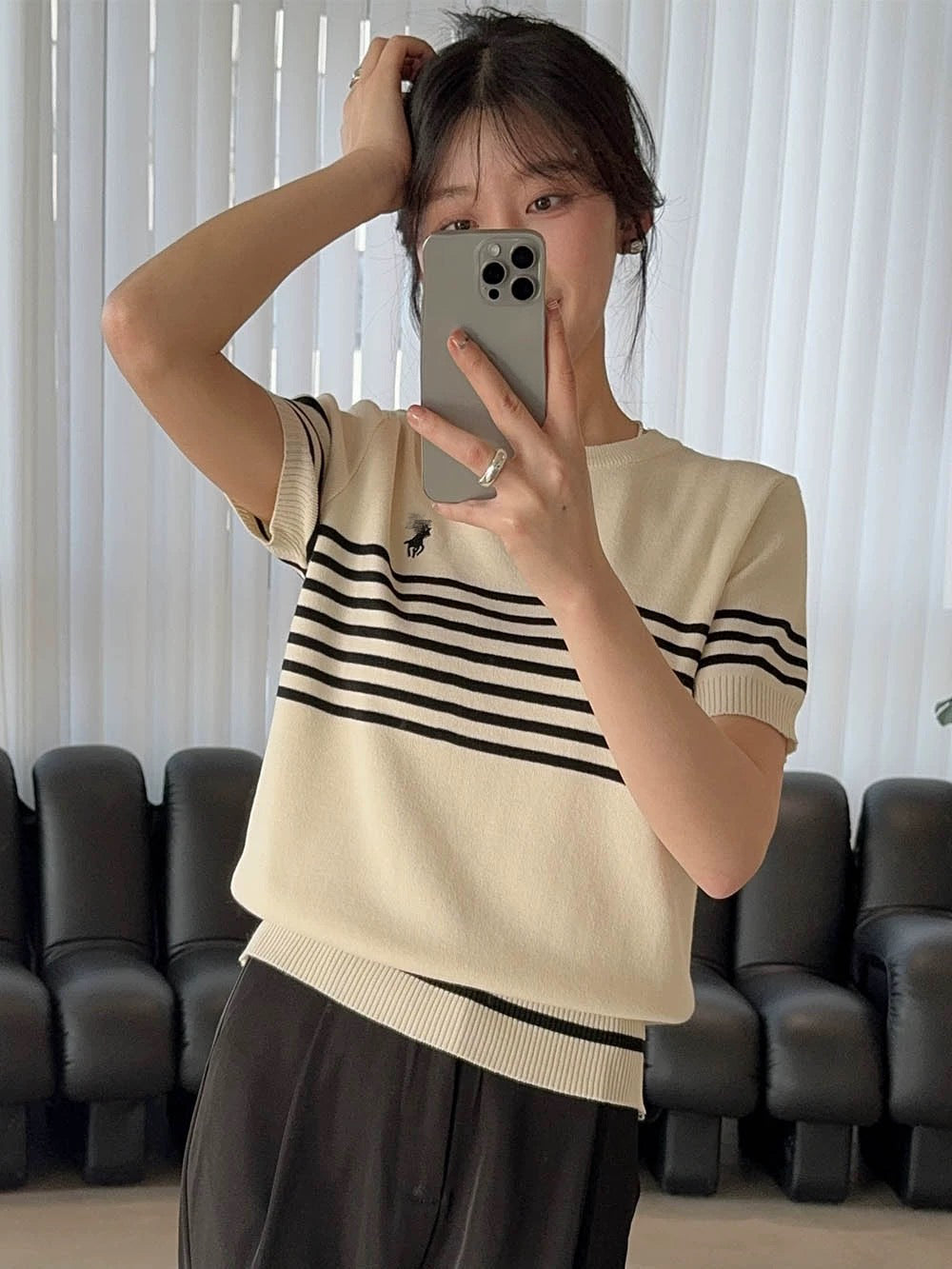 Embroidery Stripe Short Sleeve Knitted Top