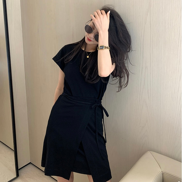 Double Layer Self Belt Fold-up Sleeve Solid Dress