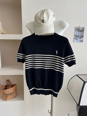 Embroidery Stripe Short Sleeve Knitted Top