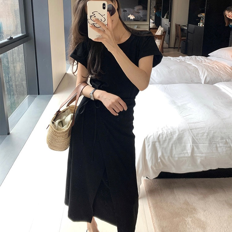 Double Layer Self Belt Fold-up Sleeve Solid Long Dress