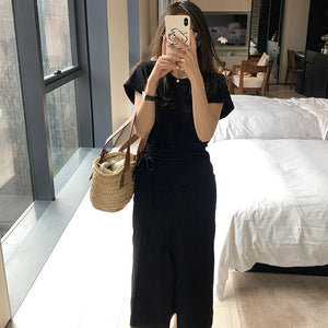 Double Layer Self Belt Fold-up Sleeve Solid Long Dress