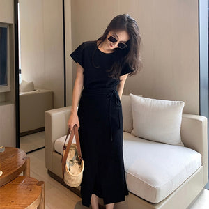 Double Layer Self Belt Fold-up Sleeve Solid Long Dress