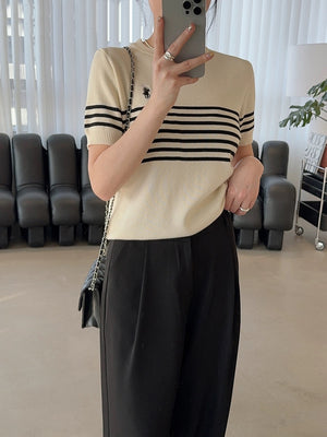 Embroidery Stripe Short Sleeve Knitted Top