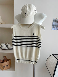 Embroidery Stripe Sleeveless Knitted Top