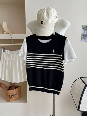 Embroidery Stripe Sleeveless Knitted Top