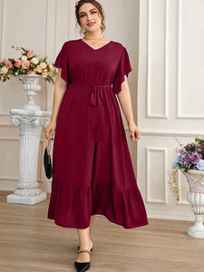 V-neck Garter Waist Self Belt Ruffle Hem Plus Size Dress