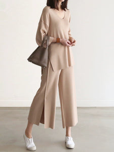 V-neck Mid-sleeve Side Slit Hem Top & Slit Wide Leg Garter Pants Oversize Knitted Terno Set Coords