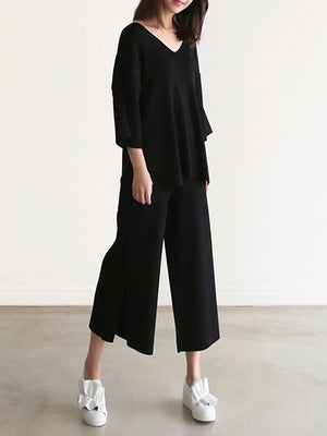 V-neck Mid-sleeve Side Slit Hem Top & Slit Wide Leg Garter Pants Oversize Knitted Terno Set Coords