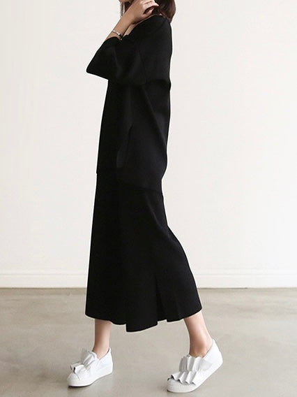 V-neck Mid-sleeve Side Slit Hem Top & Slit Wide Leg Garter Pants Oversize Knitted Terno Set Coords