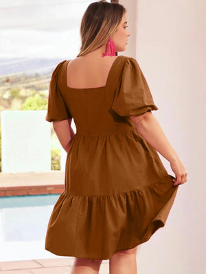 Square Neck Back Zipper Elastic Sleeve Plus Size Dress