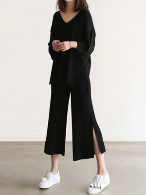 V-neck Mid-sleeve Side Slit Hem Top & Slit Wide Leg Garter Pants Oversize Knitted Terno Set Coords