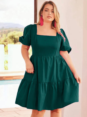 Square Neck Back Zipper Elastic Sleeve Plus Size Dress