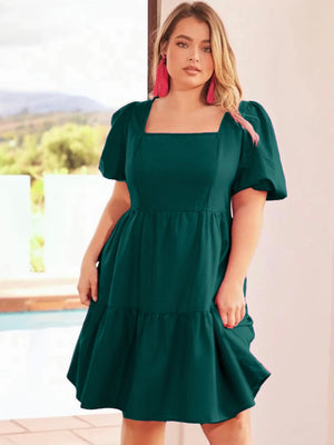 Square Neck Back Zipper Elastic Sleeve Plus Size Dress