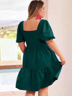 Square Neck Back Zipper Elastic Sleeve Plus Size Dress