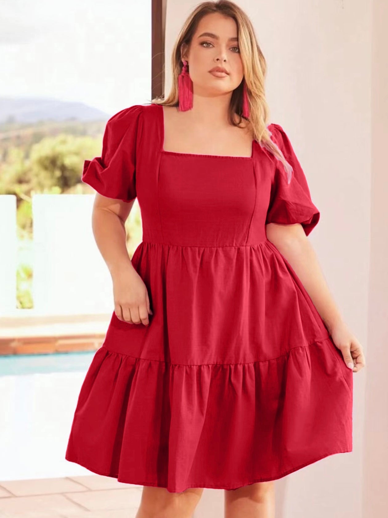 Square Neck Back Zipper Elastic Sleeve Plus Size Dress