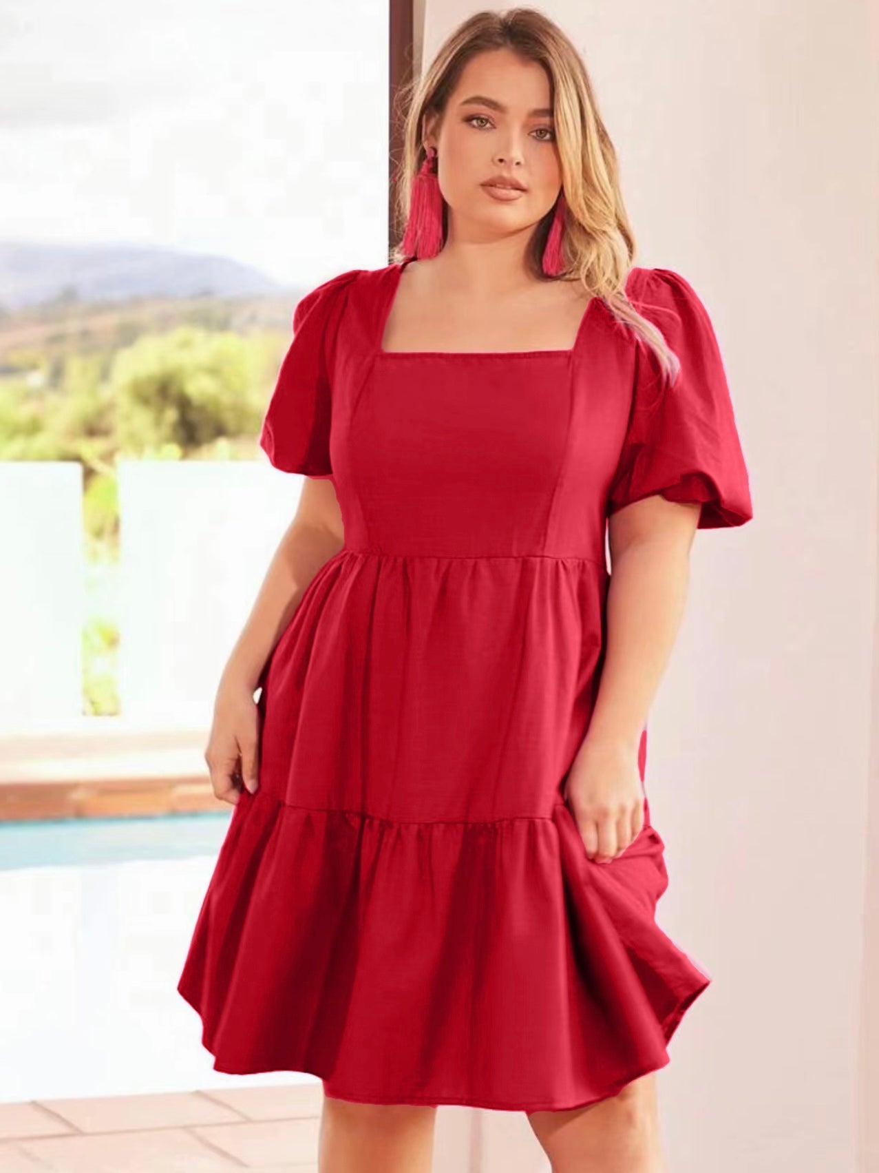 Square Neck Back Zipper Elastic Sleeve Plus Size Dress