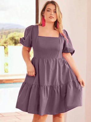 Square Neck Back Zipper Elastic Sleeve Plus Size Dress