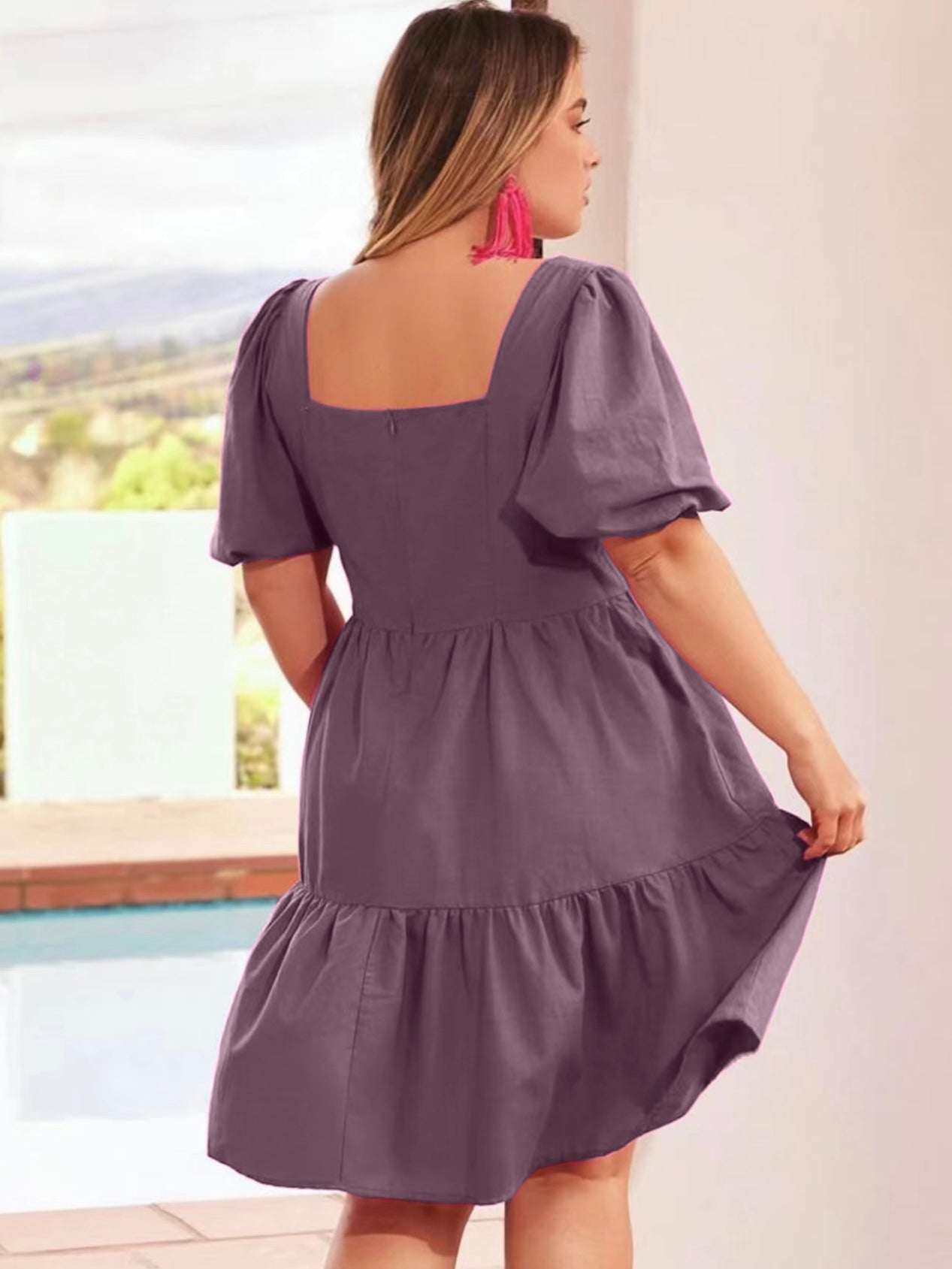 Square Neck Back Zipper Elastic Sleeve Plus Size Dress