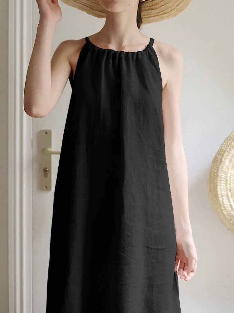 Halter Neck Side Pocket Solid Loose Dress