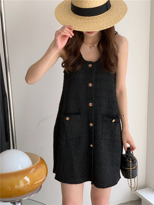 Button-up Side Pocket Tweed Dress