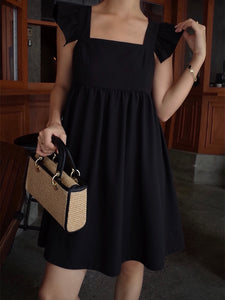 Shirred Back Ruffle Sleeve Square Neck Solid Dress