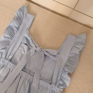 Square Neck Garter String Back Ruffle Sleeve Solid Dress