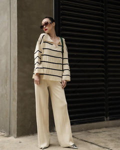 Stripe Collar Neck Side Slit Long Sleeve Top & Wide Leg Garter Pants Oversize Knitted Terno Set Coords