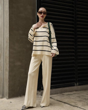 Stripe Collar Neck Side Slit Long Sleeve Top & Wide Leg Garter Pants Oversize Knitted Terno Set Coords