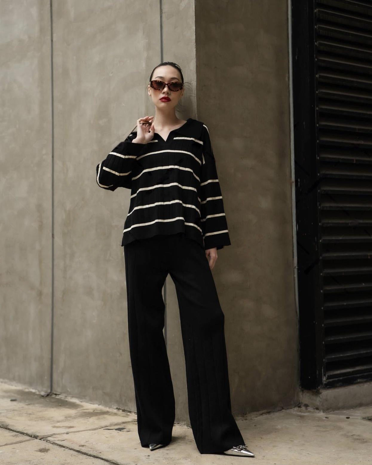 Stripe Collar Neck Side Slit Long Sleeve Top & Wide Leg Garter Pants Oversize Knitted Terno Set Coords