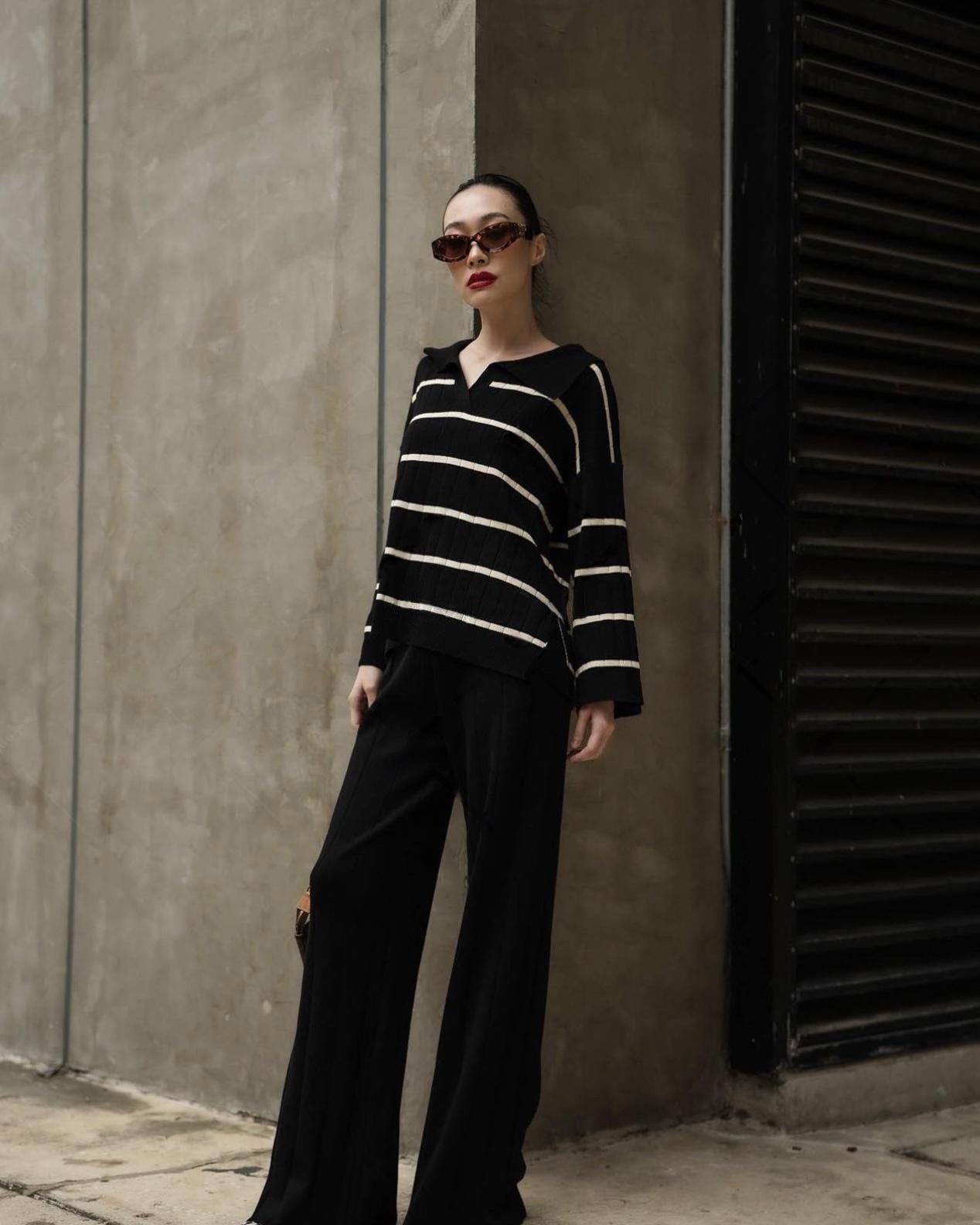 Stripe Collar Neck Side Slit Long Sleeve Top & Wide Leg Garter Pants Oversize Knitted Terno Set Coords