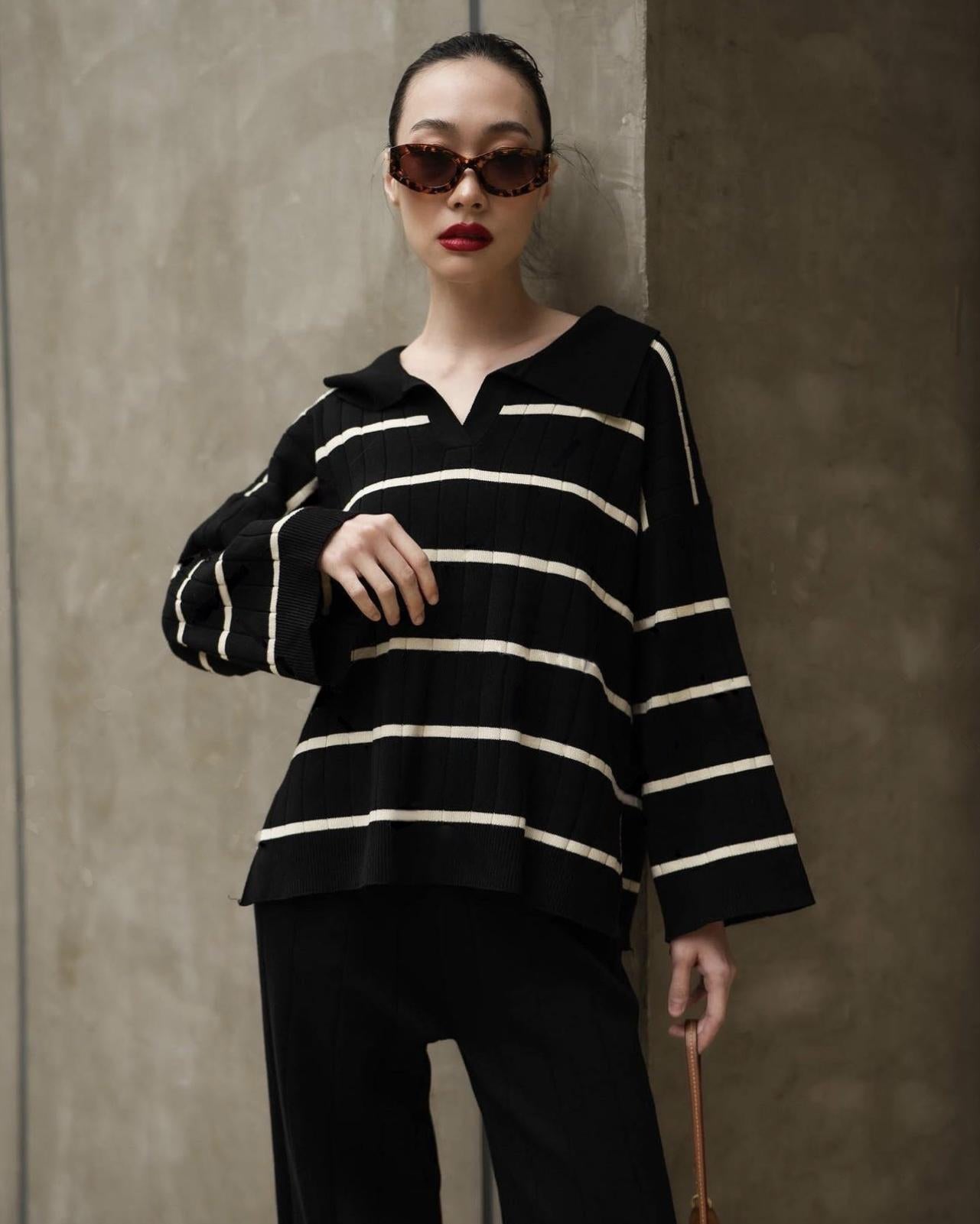 Stripe Collar Neck Side Slit Long Sleeve Top & Wide Leg Garter Pants Oversize Knitted Terno Set Coords