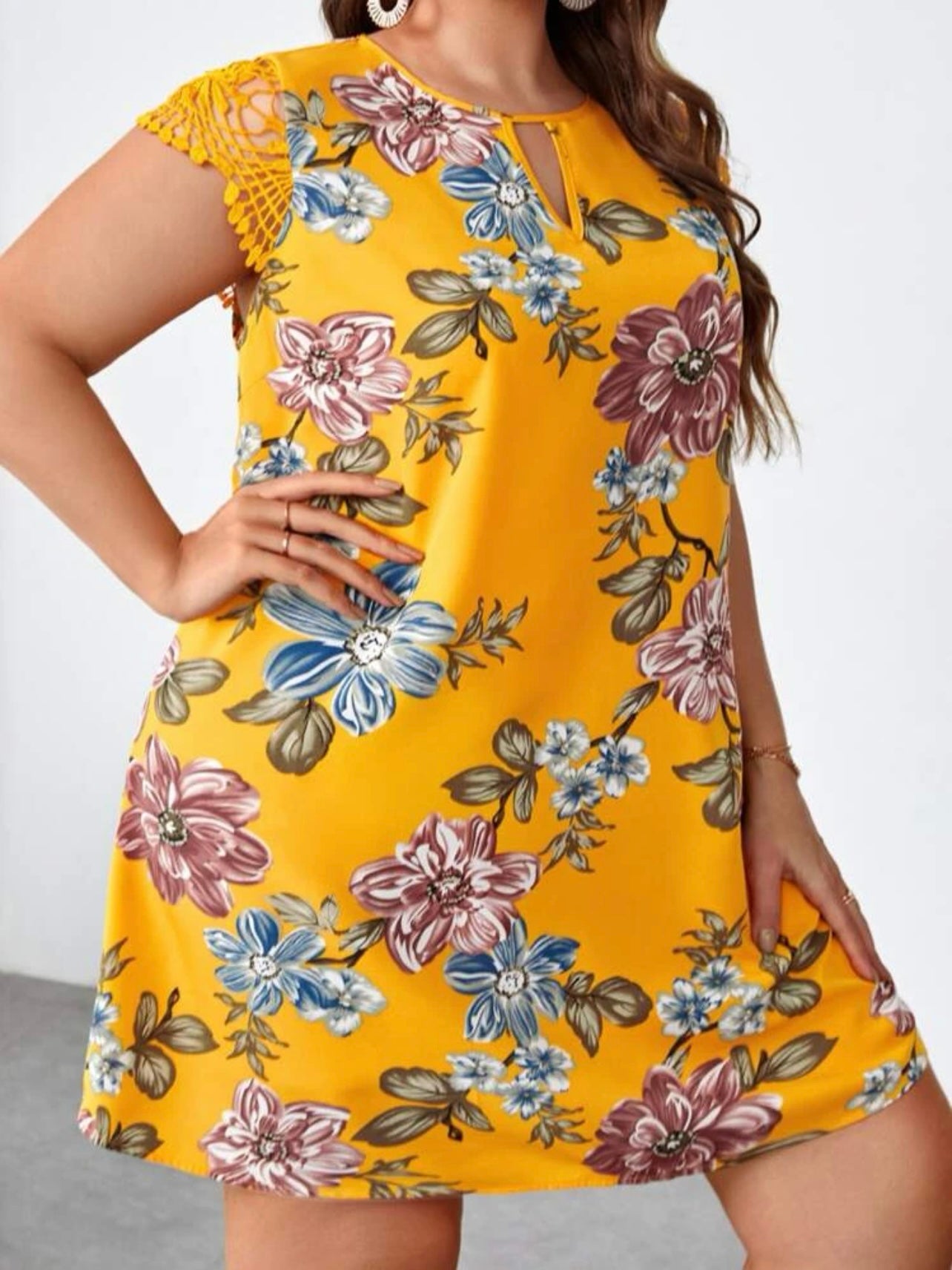 Embroidery Lace Sleeve Floral Plus Size Dress