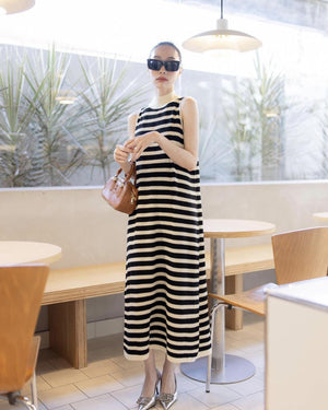 Turtle Neck Stripe Side Split Loose Knitted Dress