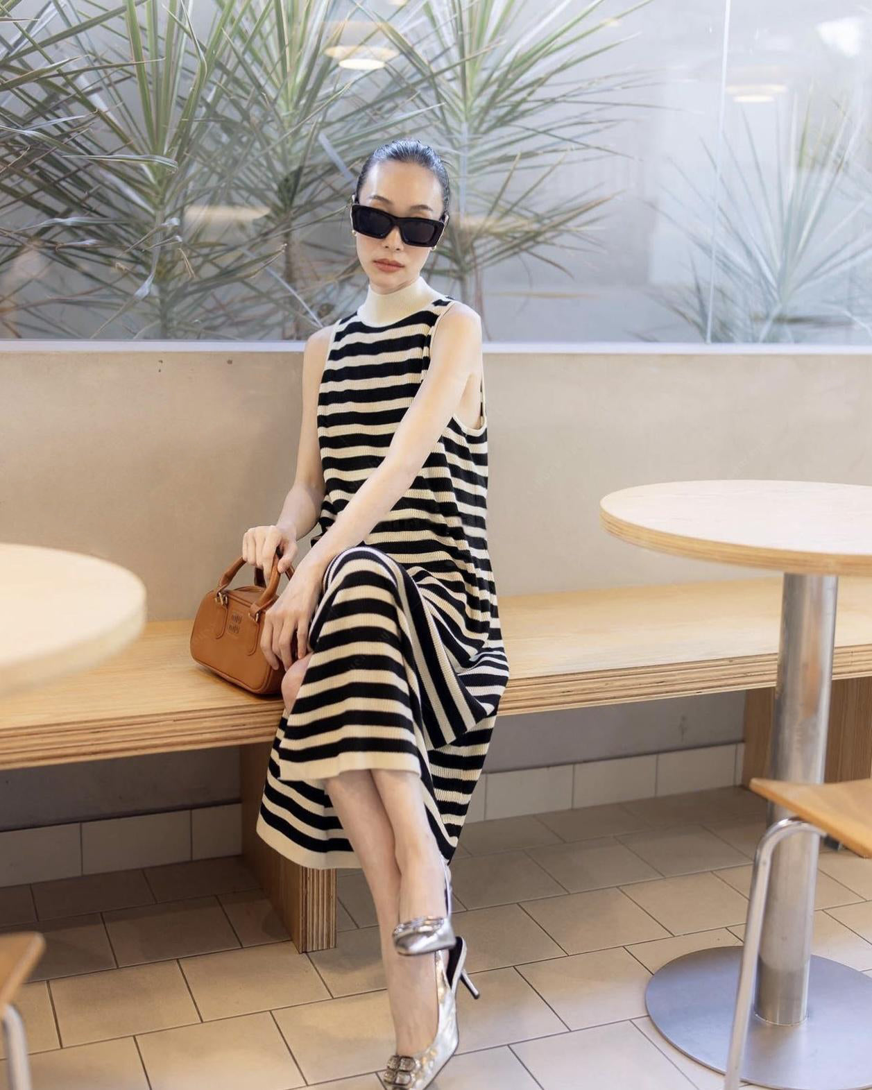 Turtle Neck Stripe Side Split Loose Knitted Dress