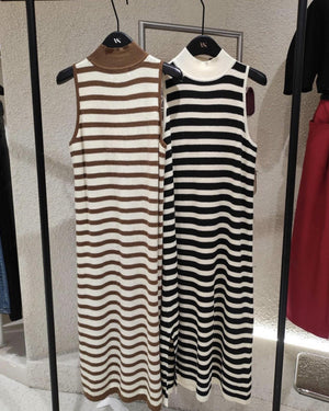 Turtle Neck Stripe Side Split Loose Knitted Dress