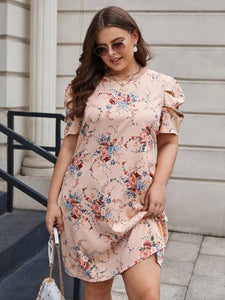 Ruched Sleeve Single Button Back Floral Plus Size Dress