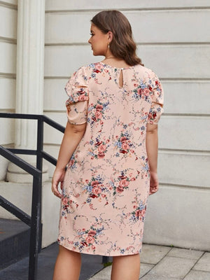 Ruched Sleeve Single Button Back Floral Plus Size Dress