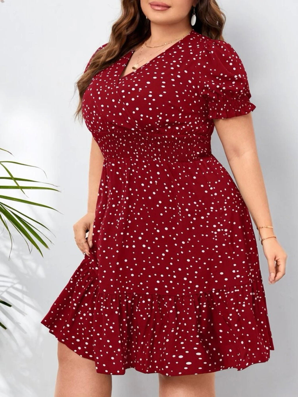 Polka Dot Surplice V-neck Elastic Sleeve Ruffle Hem Plus Size Dress