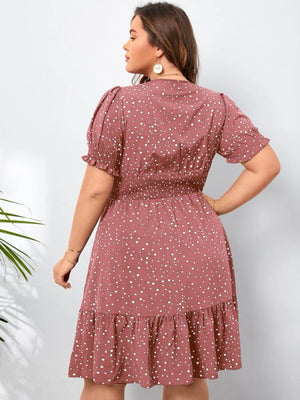 Polka Dot Surplice V-neck Elastic Sleeve Ruffle Hem Plus Size Dress