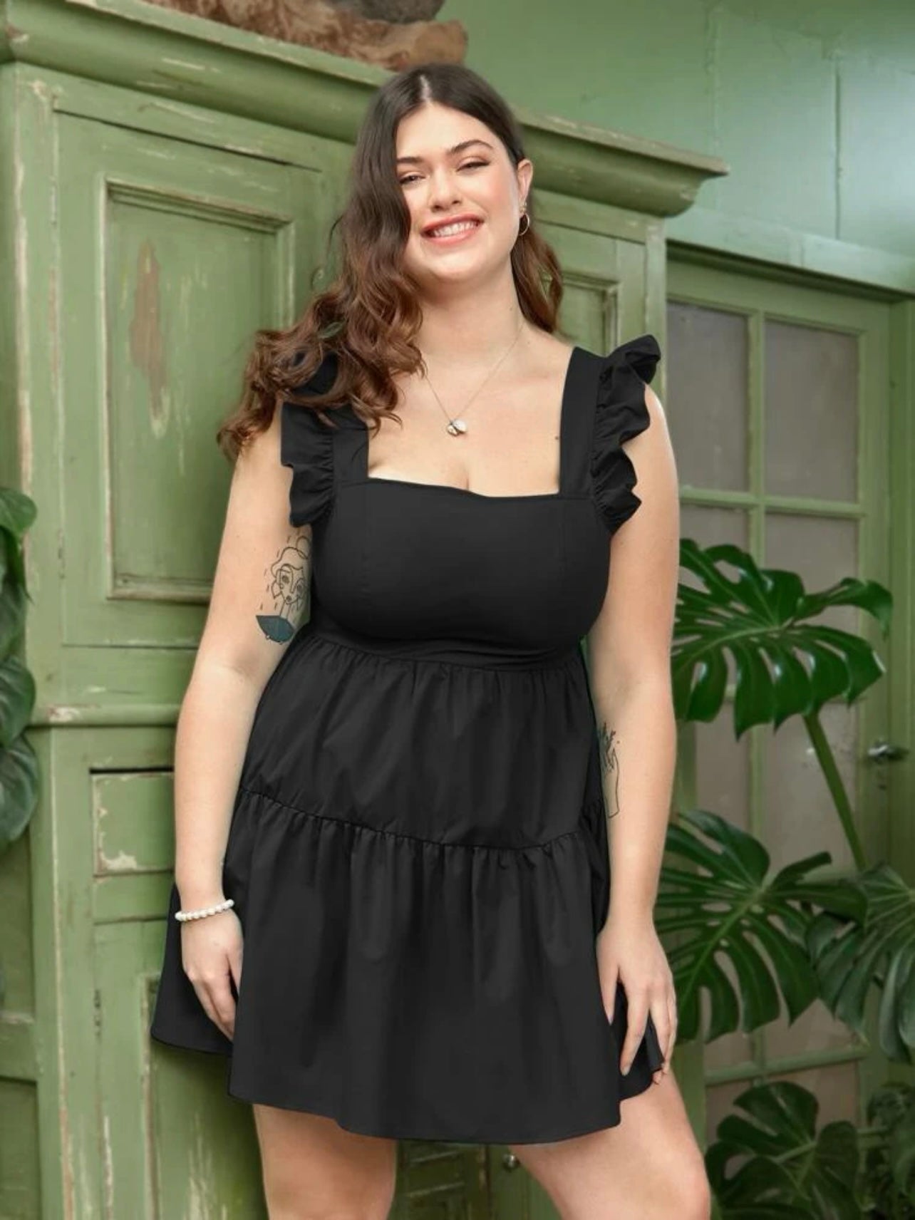 Square Neck Ruffle Sleeve Flounce Hem Plus Size Dress