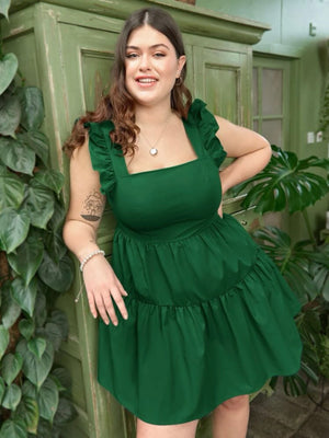 Square Neck Ruffle Sleeve Flounce Hem Plus Size Dress
