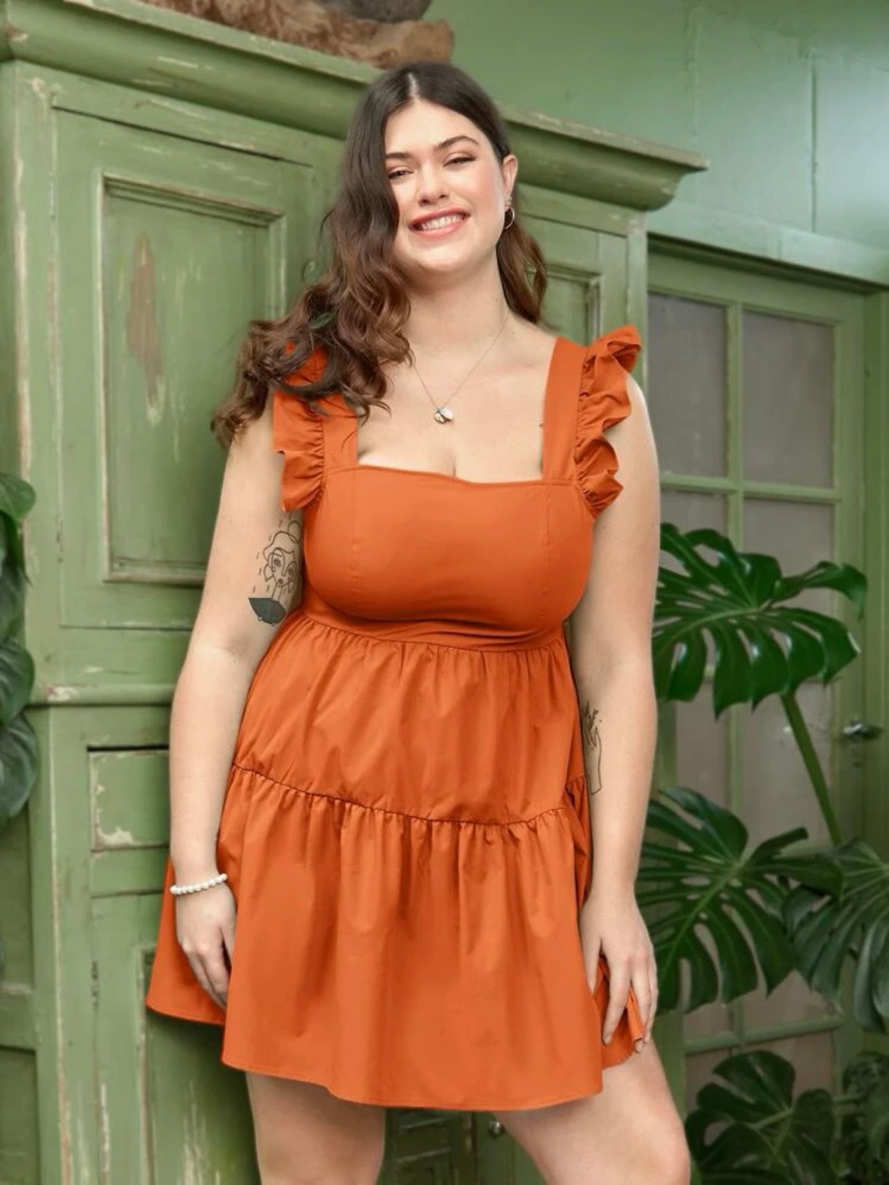 Square Neck Ruffle Sleeve Flounce Hem Plus Size Dress